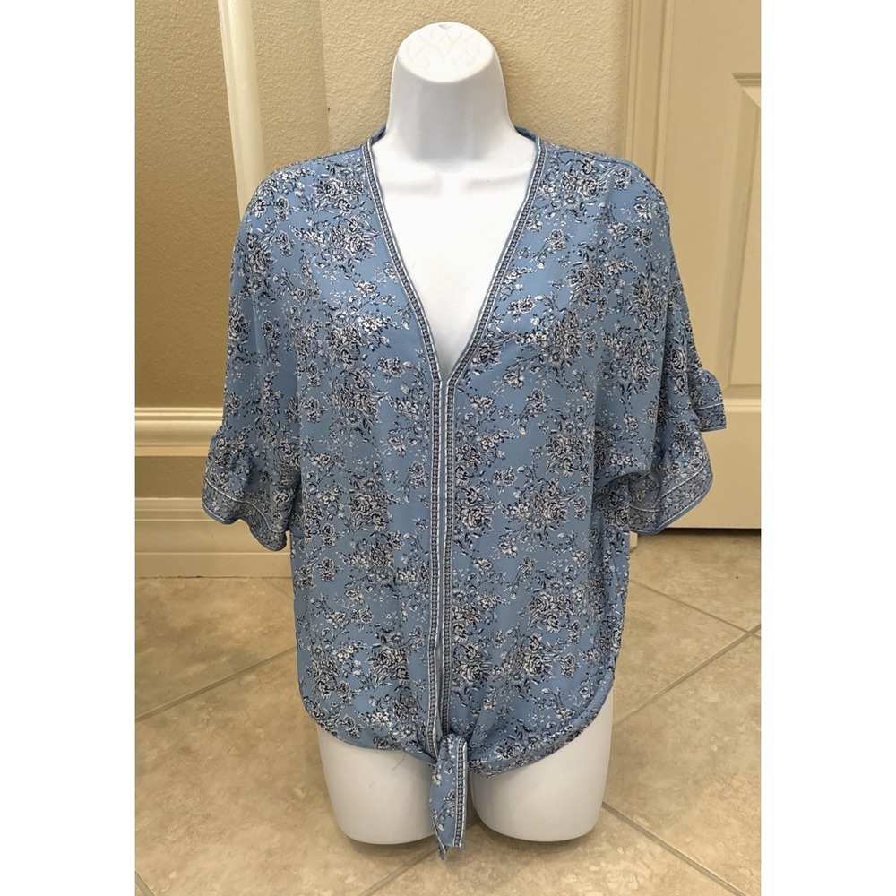 Max Studio V-Neck Tie Bottom Floral Blue‎ Blouse Puff Sleeves Size S Boho Hippie
